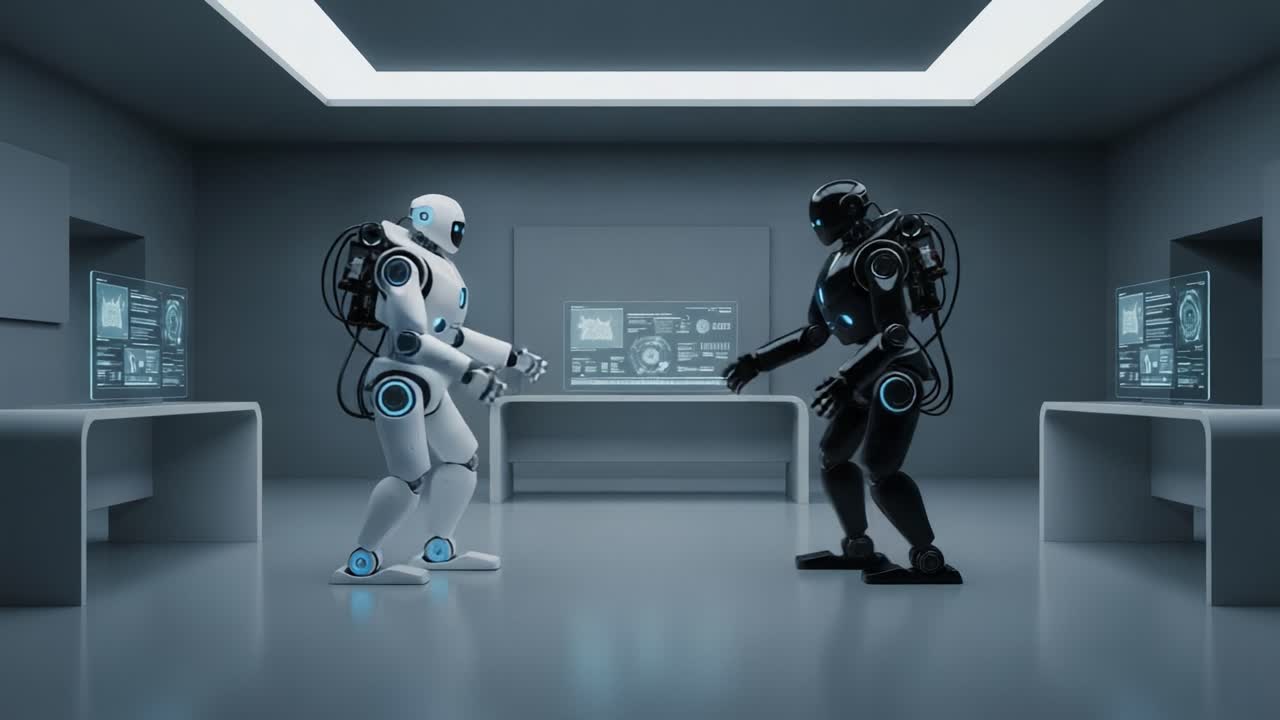 A Meeting of Minds: Two Advanced Robots Engage in a Collaborative Gesture in a High-Tech Environment Featuring Display Screens and Modern Design