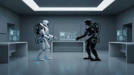 a meeting of minds: two advanced robots engage in a collaborative gesture in a high-tech environment featuring display screens and modern design