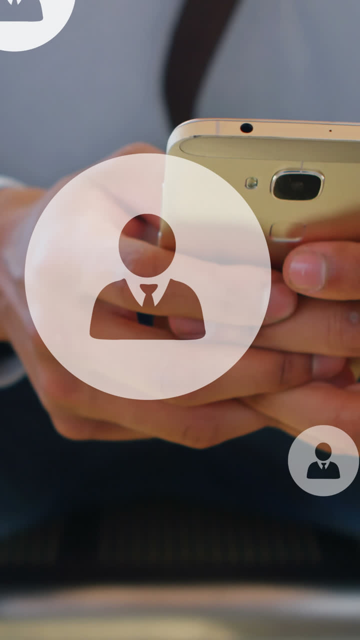Animation of user icons over midsection of caucasian man using smartphone
