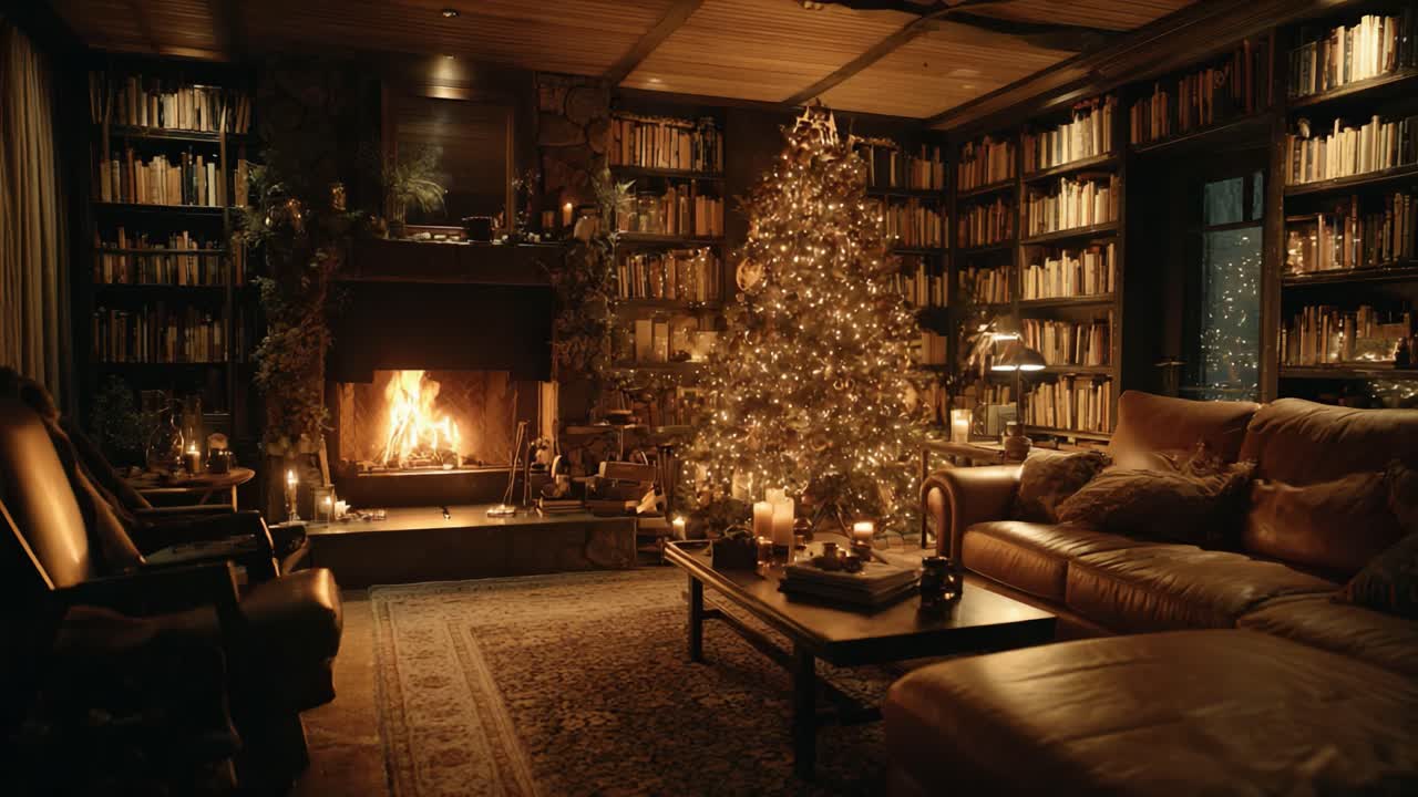 Cozy Winter Evening in a Warmly Lit Library Living Room Featuring a Beautiful Christmas Tree and a Crackling Fire in the Heart of the Home