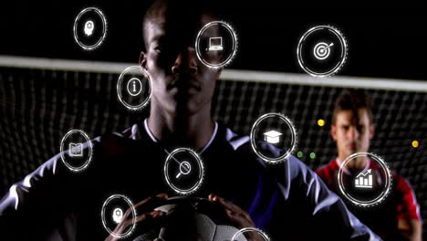 holding soccer ball, players with digital icons overlaying, animation of concepts