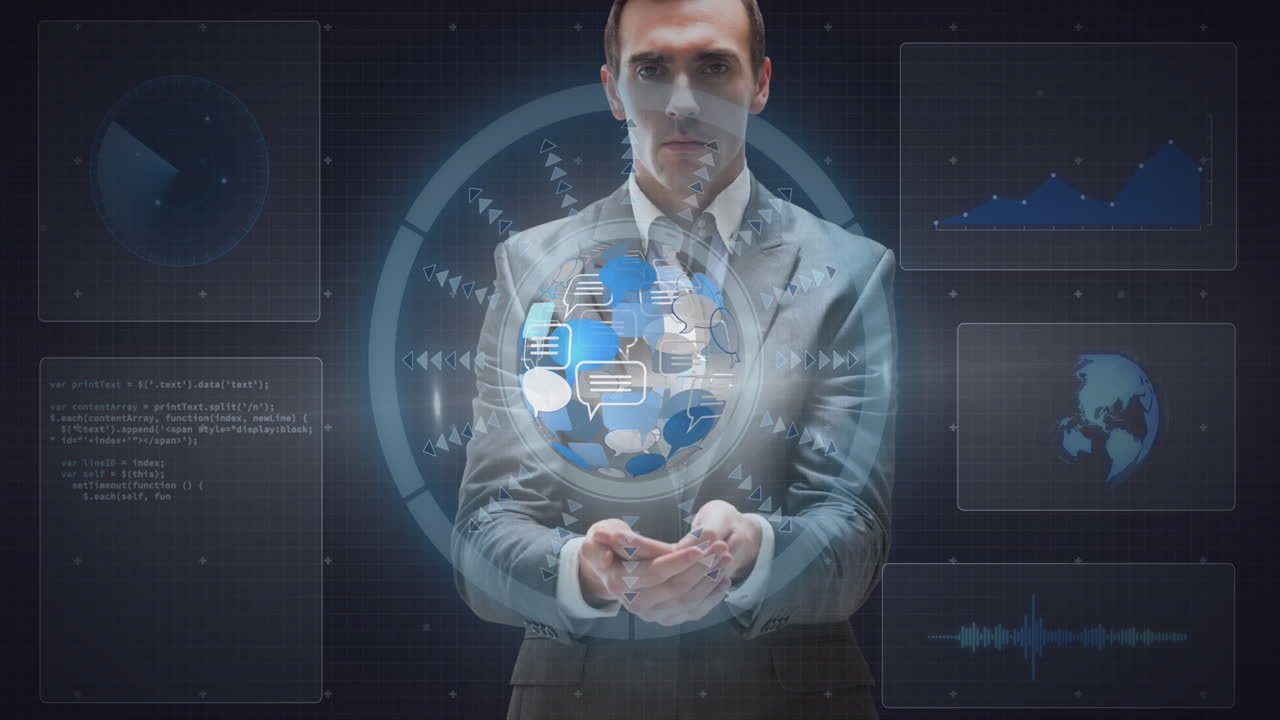 animación de escaneo de alcance y procesamiento de datos sobre hombre de negocios que sostiene globo