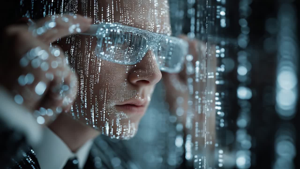 A Futuristic Concept Depicting a Person with High-Tech Glasses Surrounded by Streams of Digital Data, Symbolizing the Intersection of Technology and Human Perception