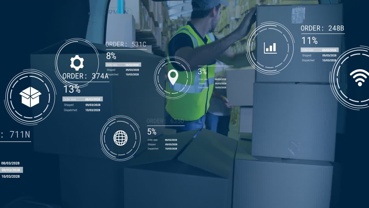 Organizing boxes in warehouse, worker using animation for data analytics on orders