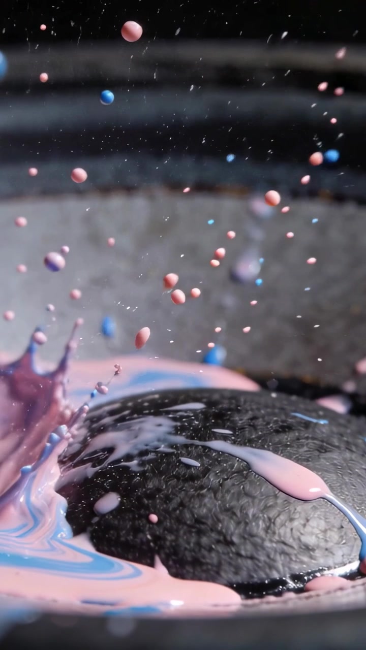 Vertical video: Striking drop hitting black dome, pink-blue droplets splashing on tray to coat dome