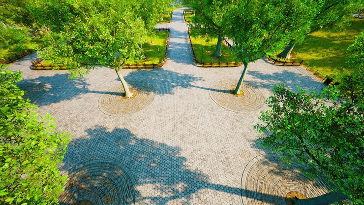 Top view on holiday park alley