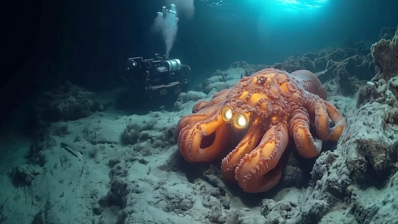 Underwater World with Strange Creature and Scuba Diver