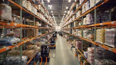 large warehouse is bustling with activity as workers manage inventory. forklifts move goods along aisles filled with shelves of products. the atmosphere is busy and organized.