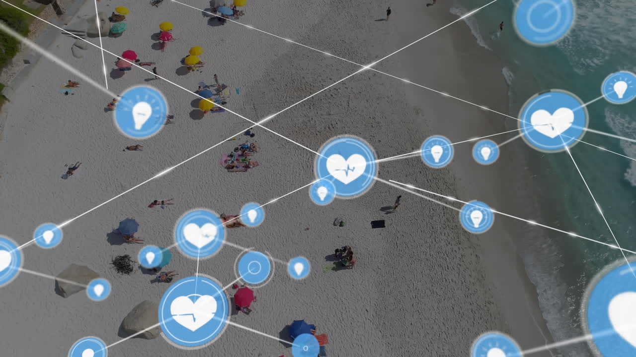 바다 전망 위의 아이콘과 연결 네트워크의 애니메이션