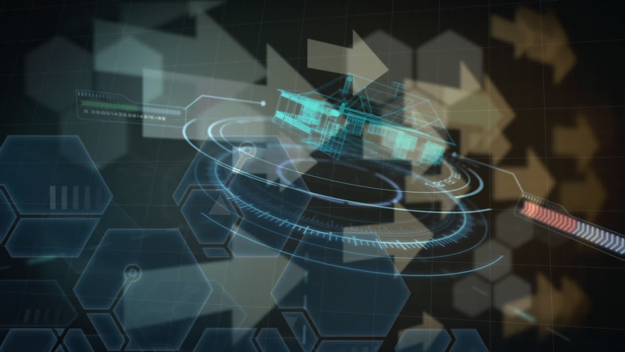 갈색 바탕에 회전하는 색 화살표와 디지털 원의 애니메이션