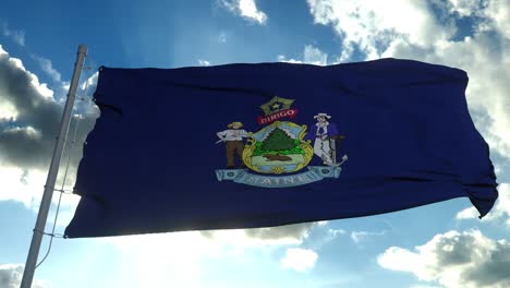 maine flag on a flagpole waving in the wind, blue sky background. 4k