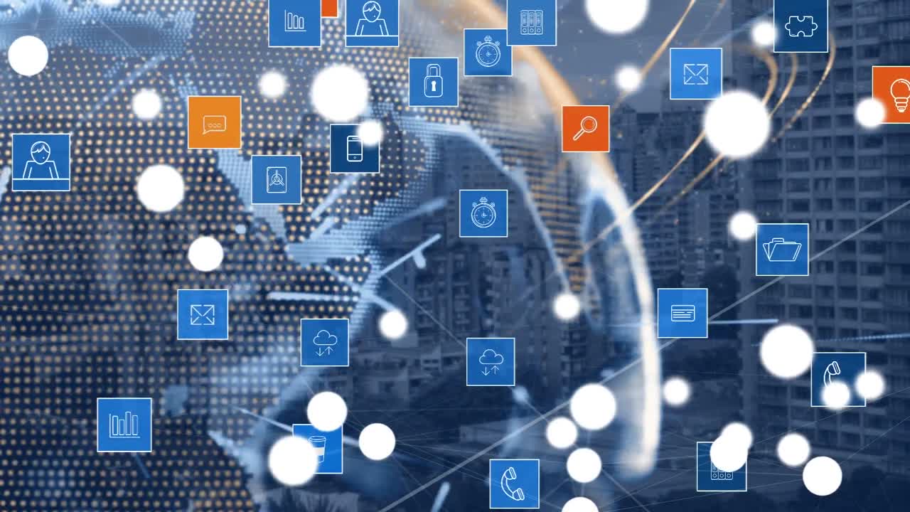 animación de iconos y globo sobre el paisaje urbano