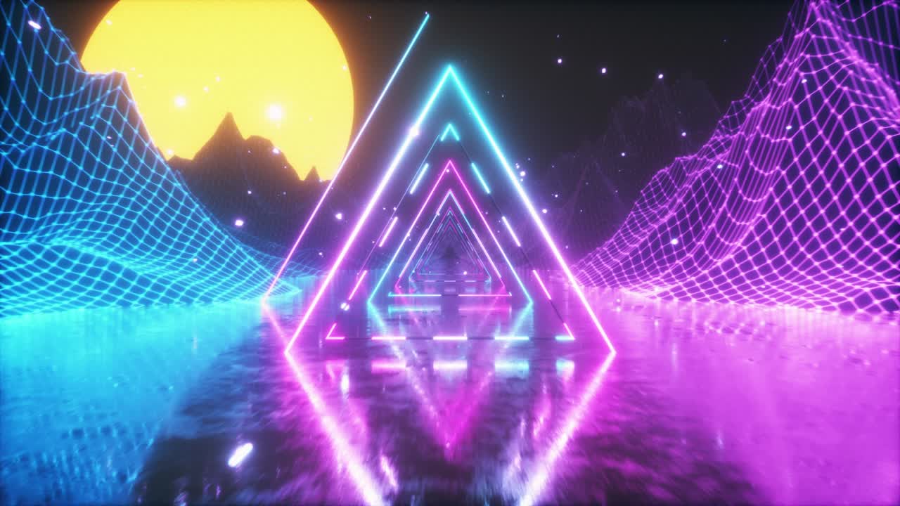 80's abstracto retro fondo futurista. hermosa animación con triángulo de neón ultravioleta luces modernas. estilizado de onda retro. volando en el espacio con partículas y sol