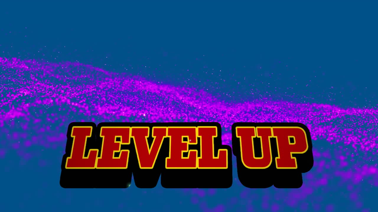 Animation of level up on blue background with glitter