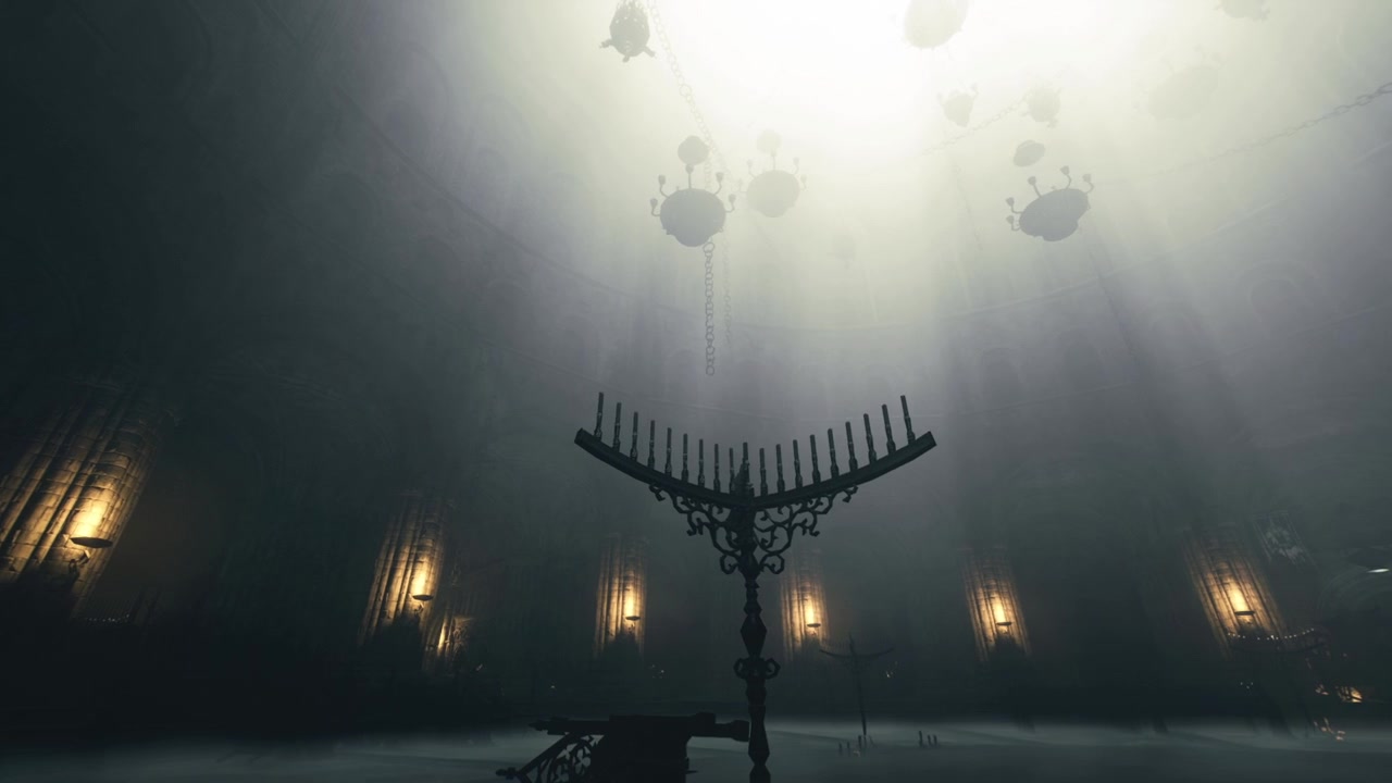 Large interior environment emphasizing ornate chandeliers and symmetry
