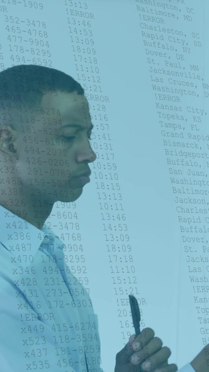 Animation of data processing against african american man sticking memo notes at office