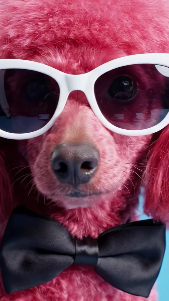 Ein glamouröser rosa Pudel, der mit Fliege und Sonnenbrille vor einem hellblauen Hintergrund schicken Stil zeigt