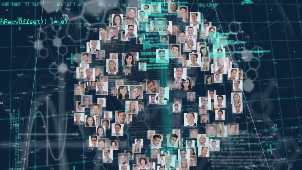 Animation of data processing and networks of connections over grind