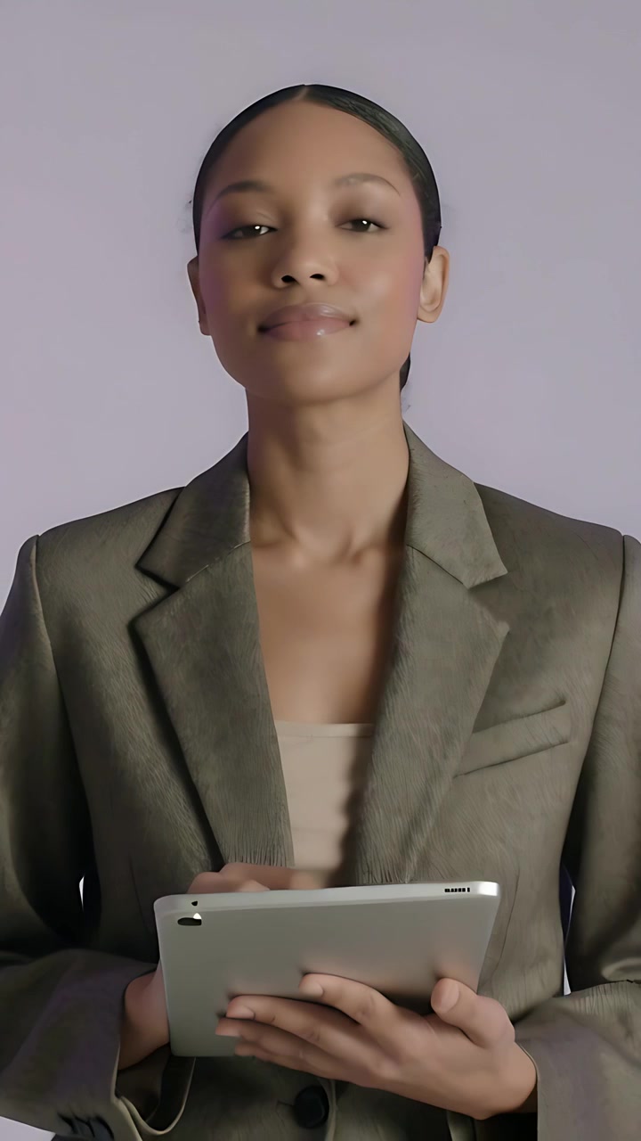 Video verticale: La telecamera si allarga mentre una modella con un tablet argentato presenta in studio indossando un blazer.
