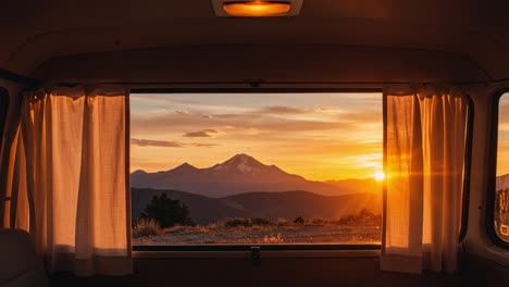 captivating sunrise over majestic mountains framed by cozy van curtains, perfect for adventurers seeking serenity and natural beauty