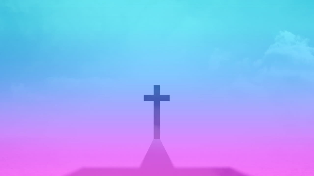 Abstract cross silhouette casting long shadow across pink to cyan gradient with drifting clouds