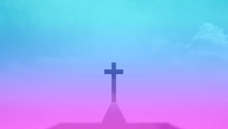 abstract cross silhouette casting long shadow across pink to cyan gradient with drifting clouds