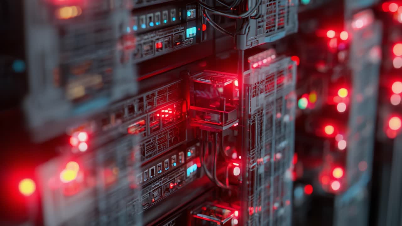 A Close-Up View of a High-Tech Server Room Filled with Glowing LED Lights and Complex Hardware Components, Highlighting the Intricate Details of Computer Technology
