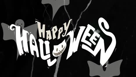 Animation-of-happy-halloween-text-and-ghosts-over-shapes