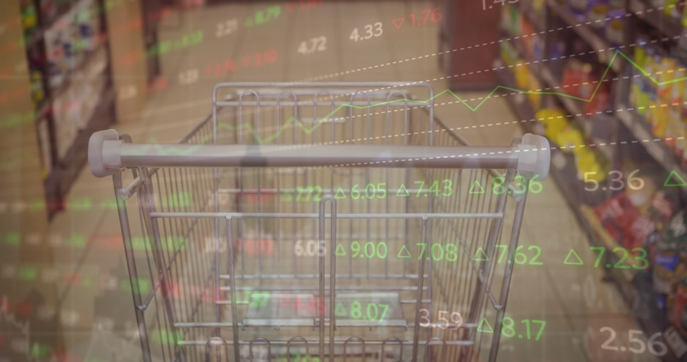 Animazione dell'elaborazione di dati finanziari su un carrello della spesa