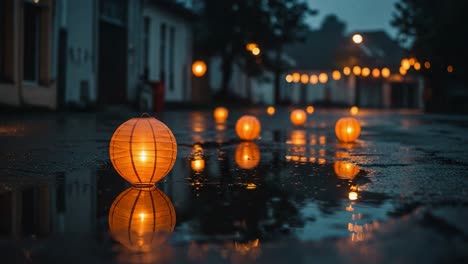 a serene night scene illuminated by glowing lanterns reflecting on a rain-kissed street, creating a calm and enchanting atmosphere for onlookers