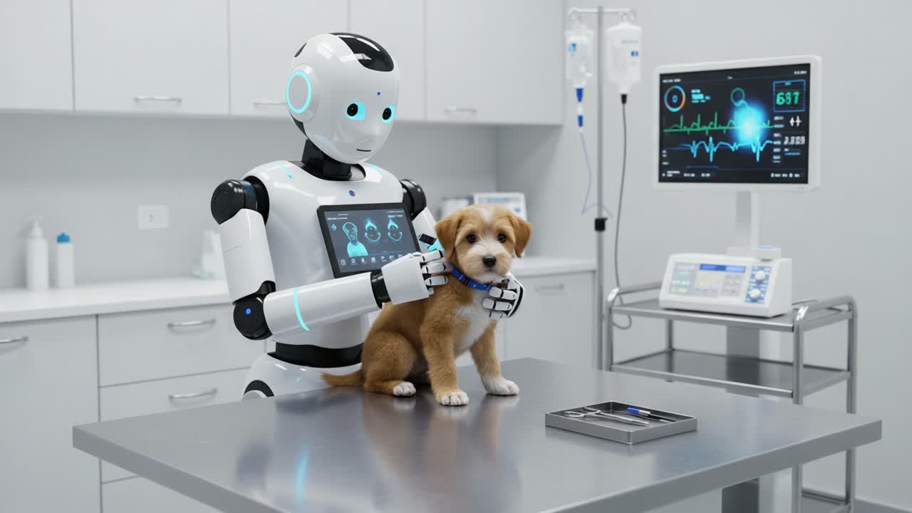 A Robotic Companion Performs a Health Check on a Small Puppy in a Modern Veterinary Clinic Environment, Blending Technology and Care for Animal Well-being