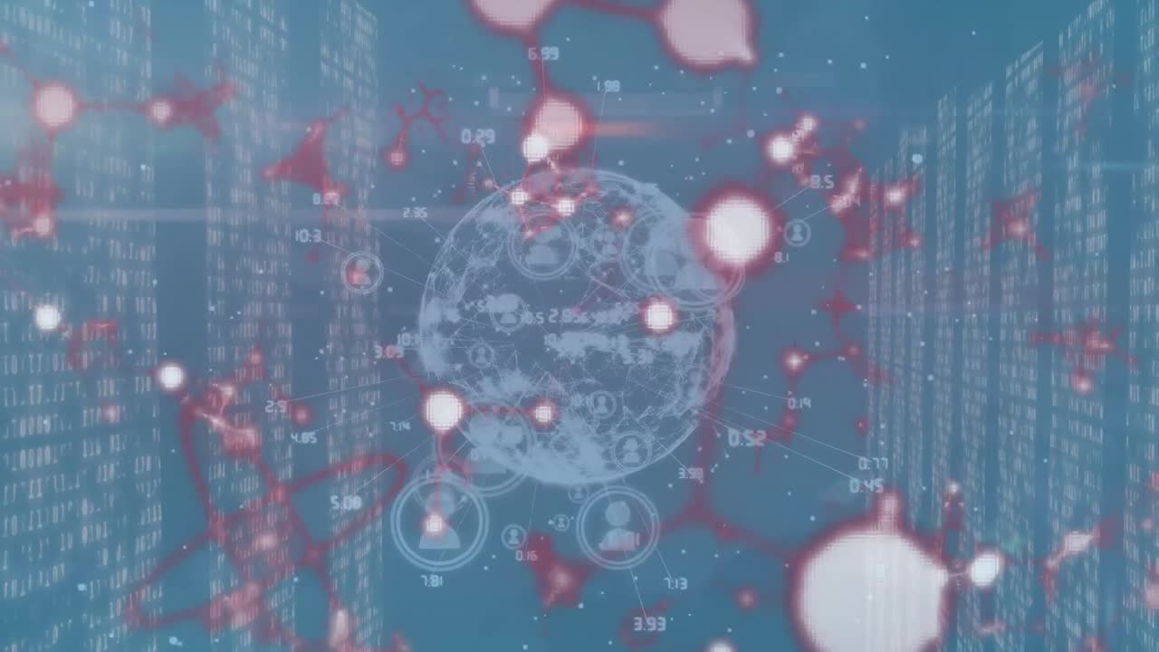 파란색 배경의 데이터 처리에 대한 분자 구조와 회전하는 지구의 애니메이션