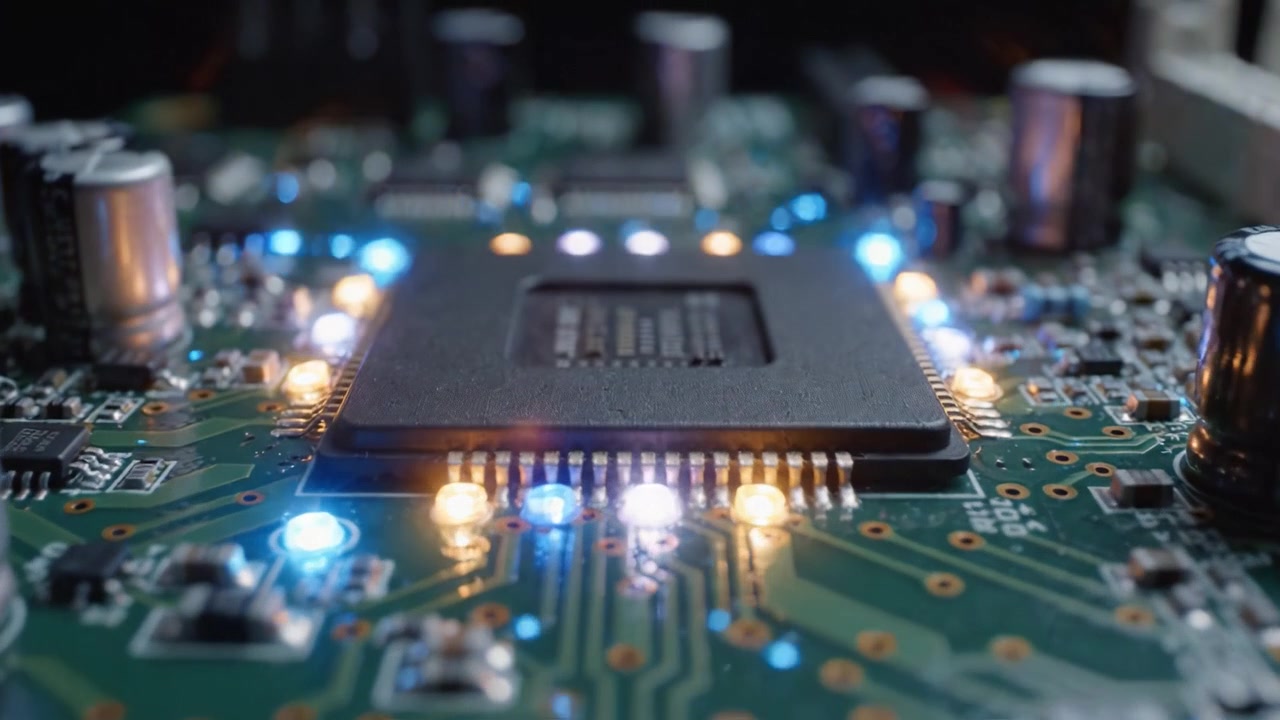 Primo piano dettagliato di un circuito stampato con microchip, condensatori e indicatori LED, che mostra la moderna tecnologia elettronica in azione.