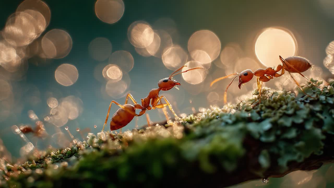 A mesmerizing close-up of two orange ants navigating a moss-covered branch, glimmering with sunlight and surrounded by enchanting bokeh effects of shimmering water droplets