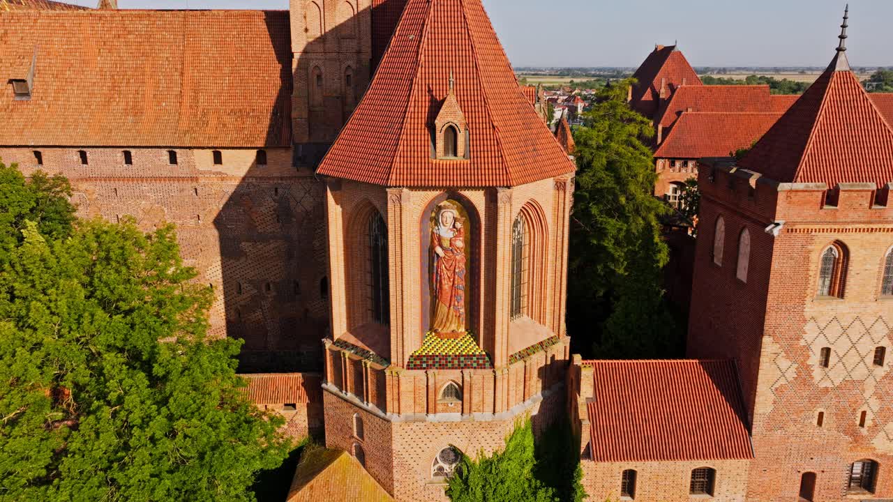 Drone retreat of Malbork Castle UNESCO heritage site showing war fragility risk