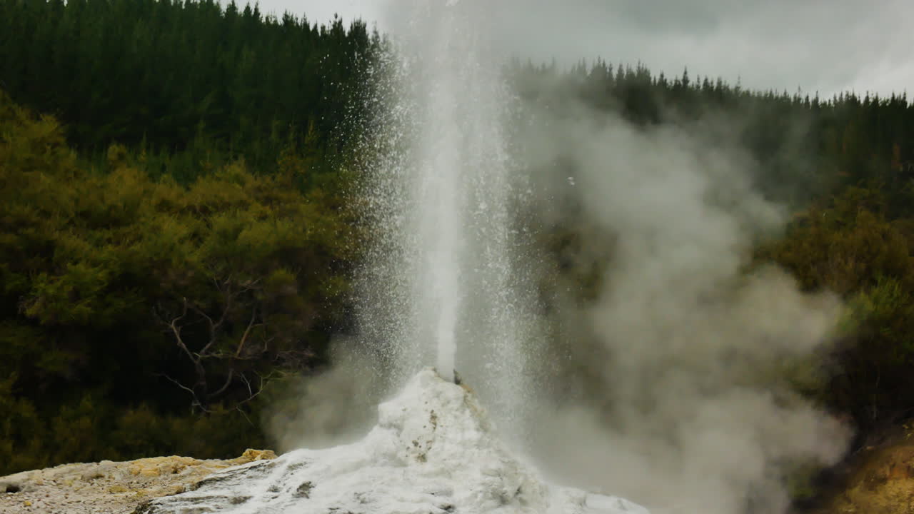 Tilt up shot of giant Geyser Eruption in Wai-O-Tapu Thermal Wonderland,New Zealand