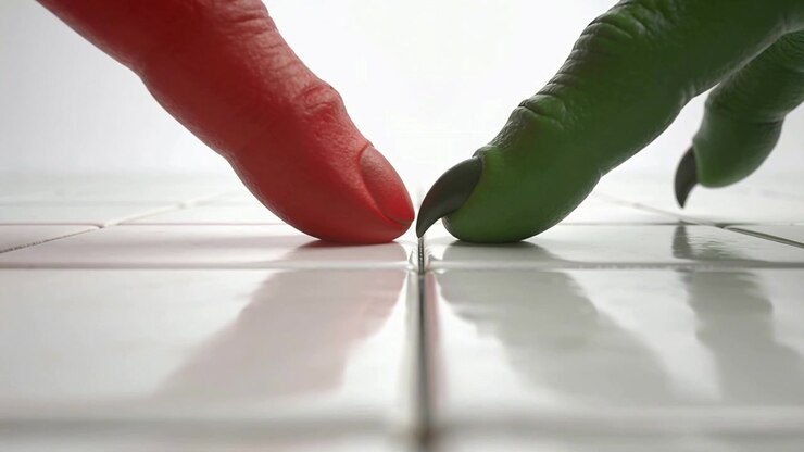 Touching red and green clawed fingertips approaching grout seam on tiles guiding contact for study