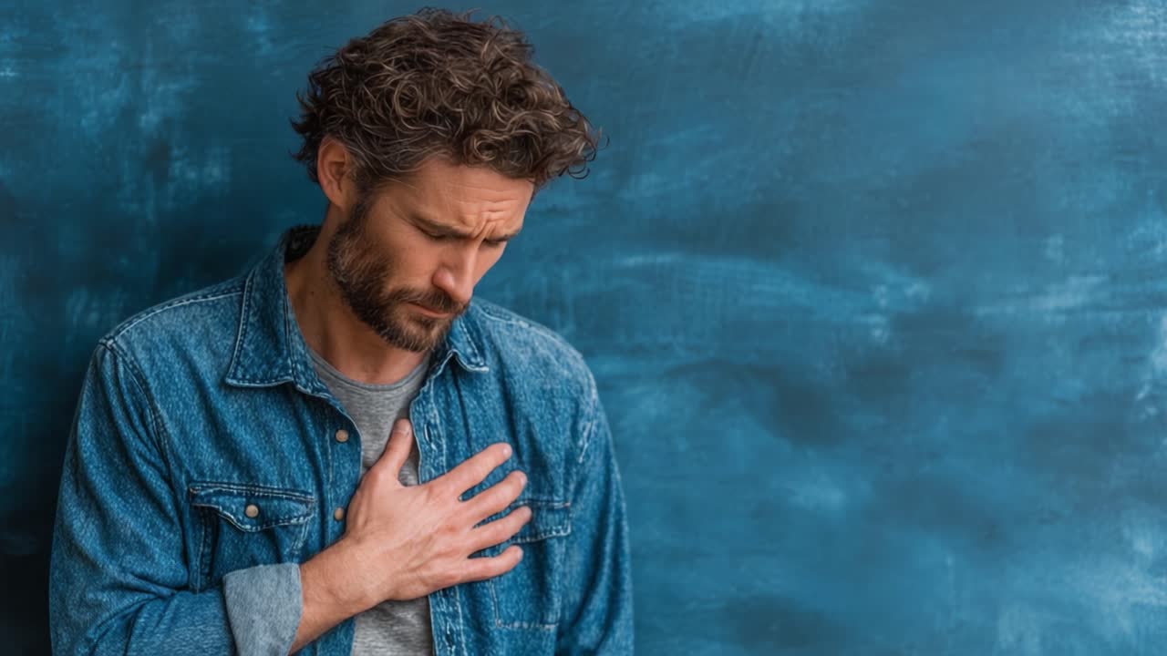A Contemplative Man in a Denim Jacket Expresses Emotion, Reflecting on Feelings While Placing a Hand on His Chest Against a Blue Background