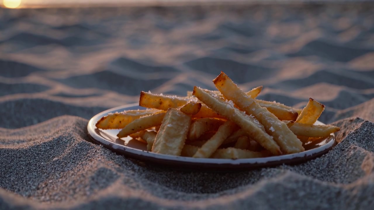 Plate of French Fries on Sandy Beach at Sunset