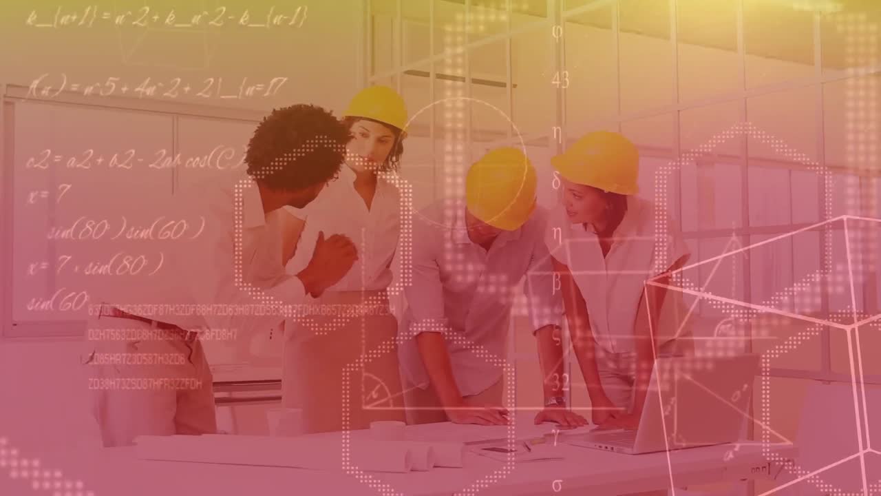 animación del procesamiento de datos matemáticos en un grupo de arquitectos que trabajan juntos