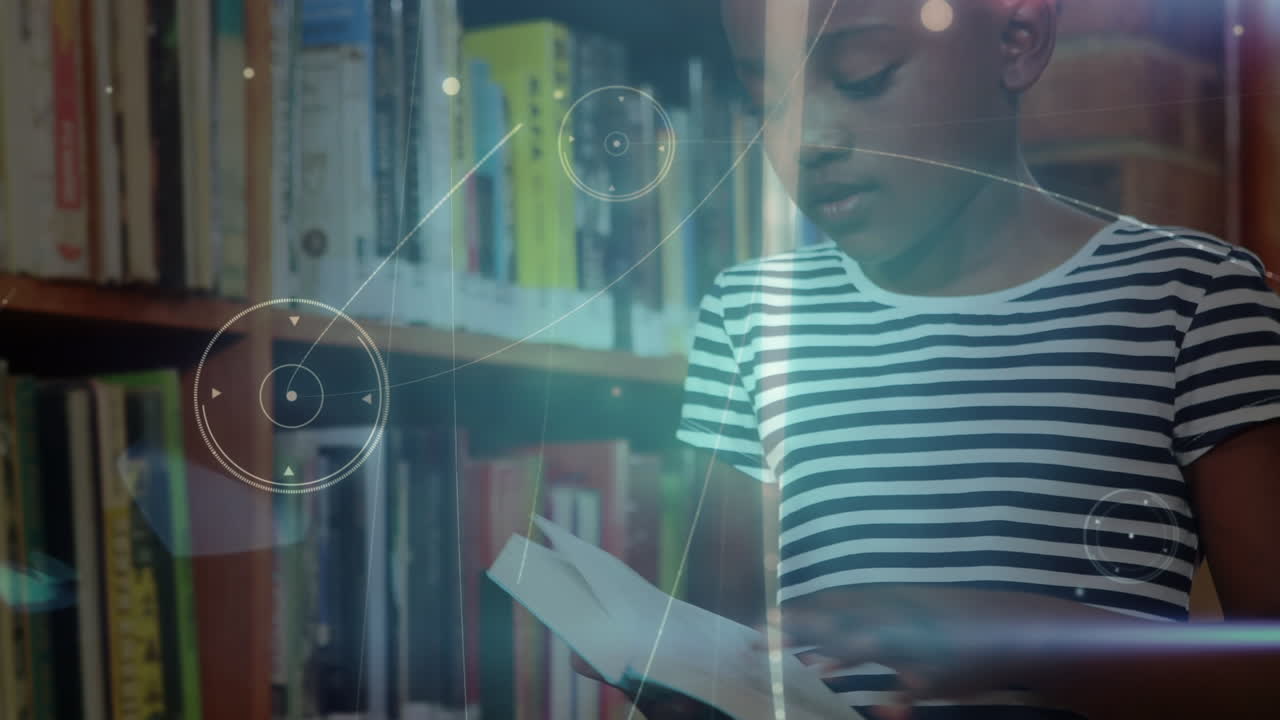 animación de redes de conexiones sobre una colegiala afroamericana leyendo un libro