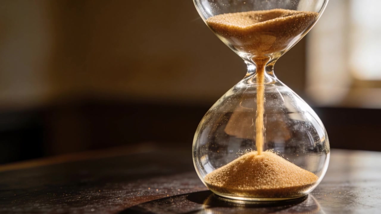 Flowing golden sand being pulled by gravity, hourglass forming cone on wooden table, measuring time