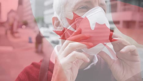 Animación-De-La-Bandera-De-Canadá-Ondeando-Sobre-Un-Hombre-Con-Mascarillas.