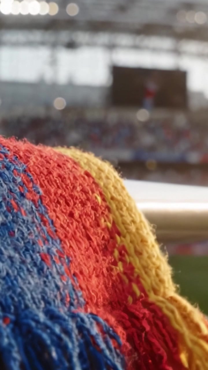 Sciarpa Lavorata a Maglia Vivace su Ringhiera a un Evento Sportivo, Catturando l'Eccitazione e l'Atmosfera dello Stadio con Spettatori sullo Sfondo