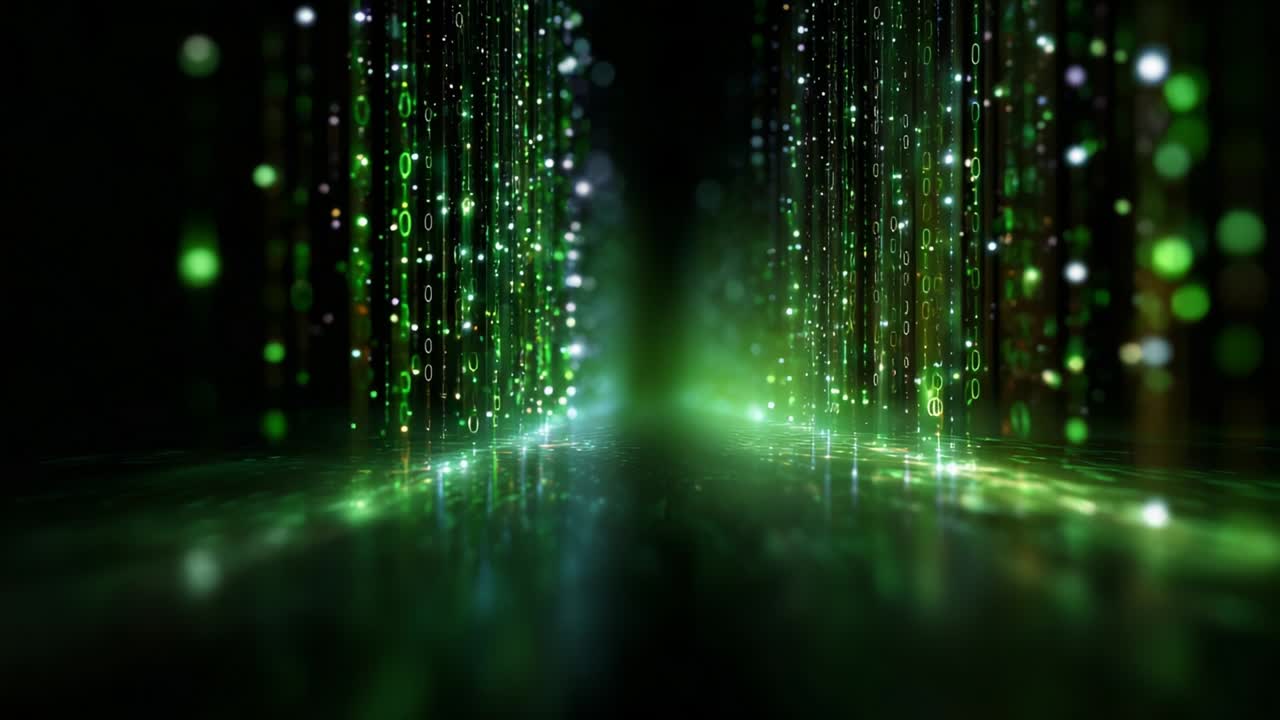 A mesmerizing journey through a digital landscape filled with glowing green binary code, showcasing the vibrant interplay of light and shadow as an immersive visual experience unfolds in a futuristic realm