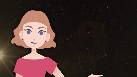 animación de una niña ilustrativa hablando y señalando con el dedo contra un fondo negro