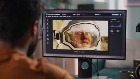 person editing photos of an astronaut on a computer
