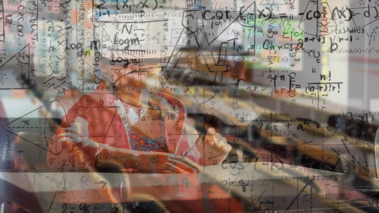Animation of mathematical equations over schoolgirl using vr headset