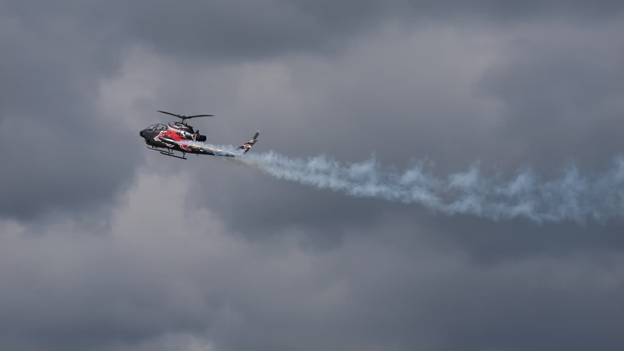 Acrobatic helicopter flies at the air show called Airpower 2024