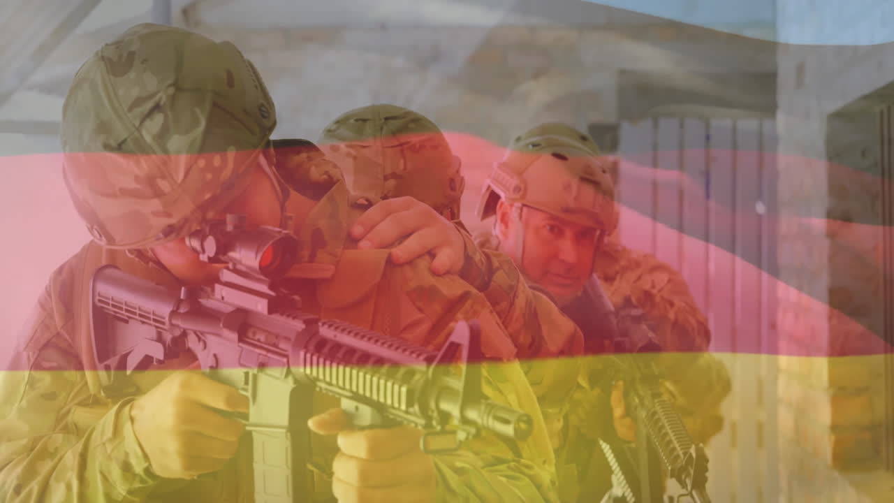 In camouflage gear, soldiers advancing cautiously with rifles in tactical formation